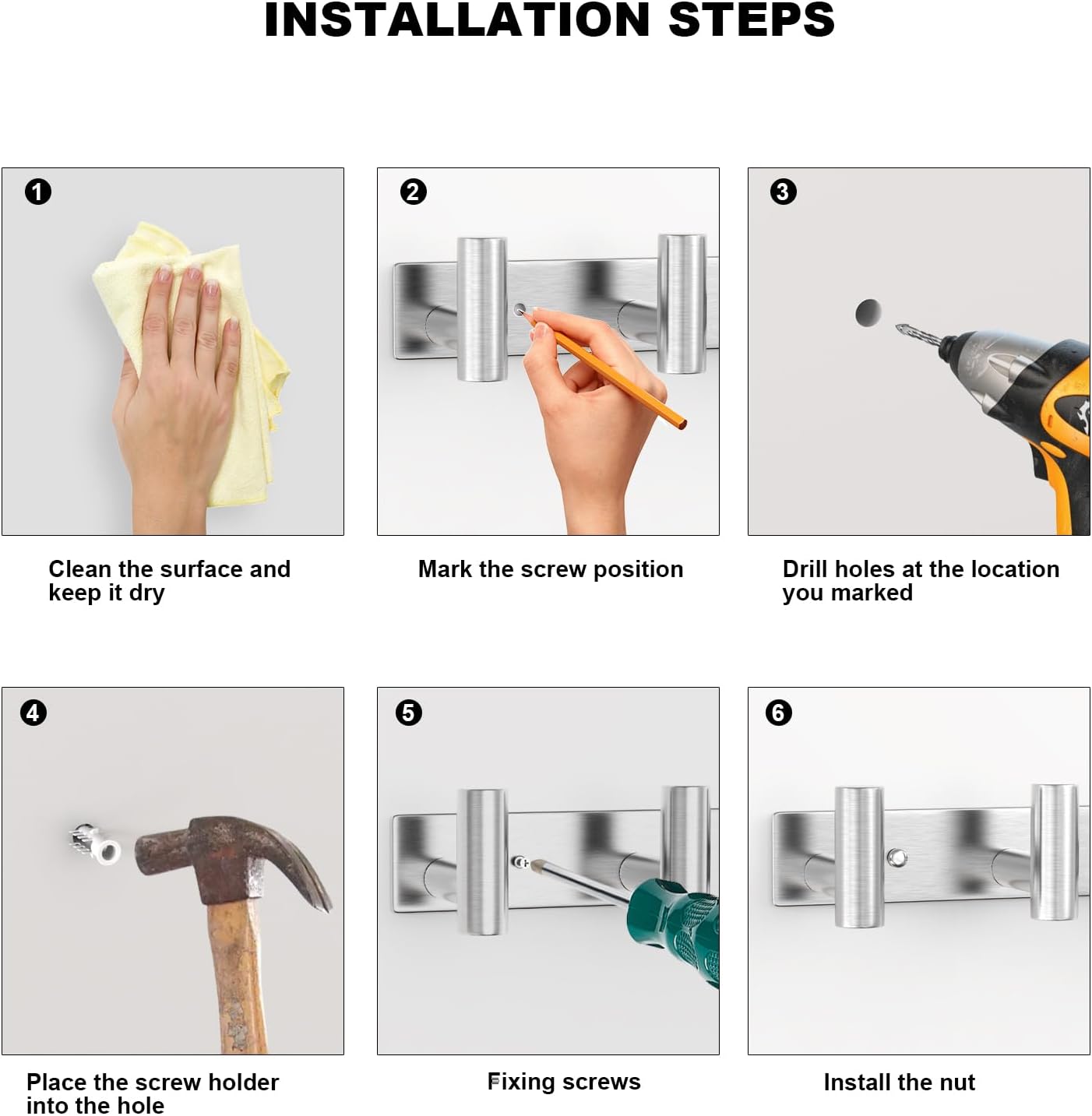 VAEHOLD 1PACK Hat and Coat Wall Mount Rack - 4 Hooks for Robes, Bags, Keys, and Towels - Bathroom Towel Hanger Organizer -Silvery