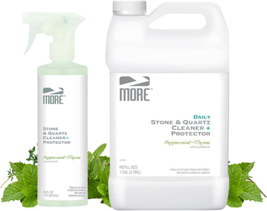 MORE Stone & Quartz Cleaner + Protector - Granite, Quartz & Marble Cleaner - For Kitchen & Bathroom Countertops - Water-Based Surface Spray - Peppermint-Thyme Essential Oil - Pint + Gallon Bundle
