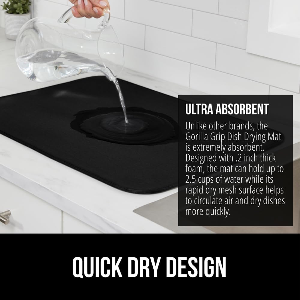 GORILLA GRIP Ultra Water Absorbent Microfiber Dish Drying Mat, 18x24, Quick Dry Thick Mesh, Slip Resistant Pad for Sink Dishes or Under Rack, Kitchen Counter Accessories, Machine Wash, 2 Pack Black