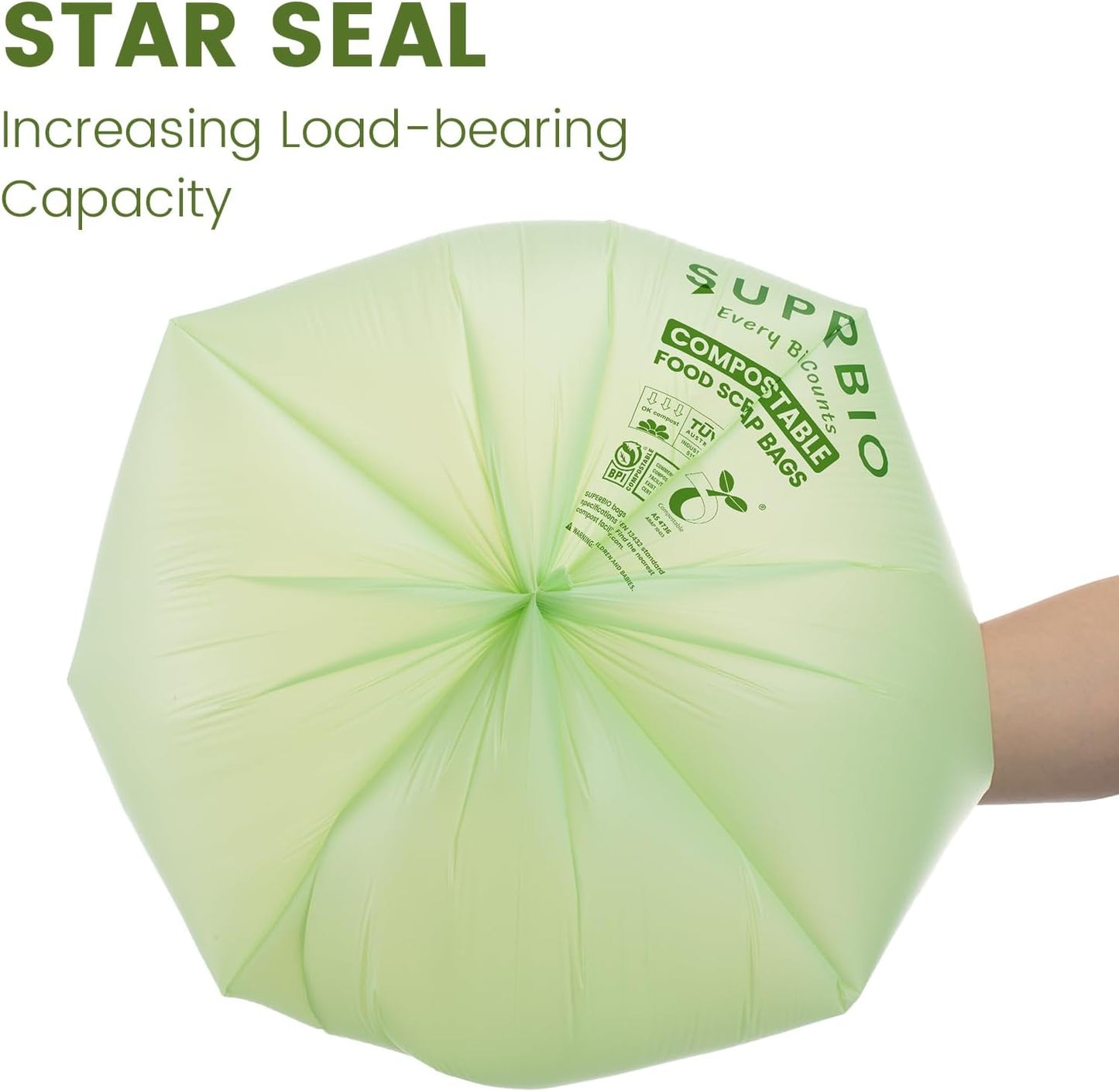 SUPERBIO 2.6 Gallon Compostable Food Waste Bags, 100 Count, 1 Pack, Flat Top Food Scrap Bags， ASTM D6400，Certified by BPI and OK compost INDUSTRIAL,9.84L