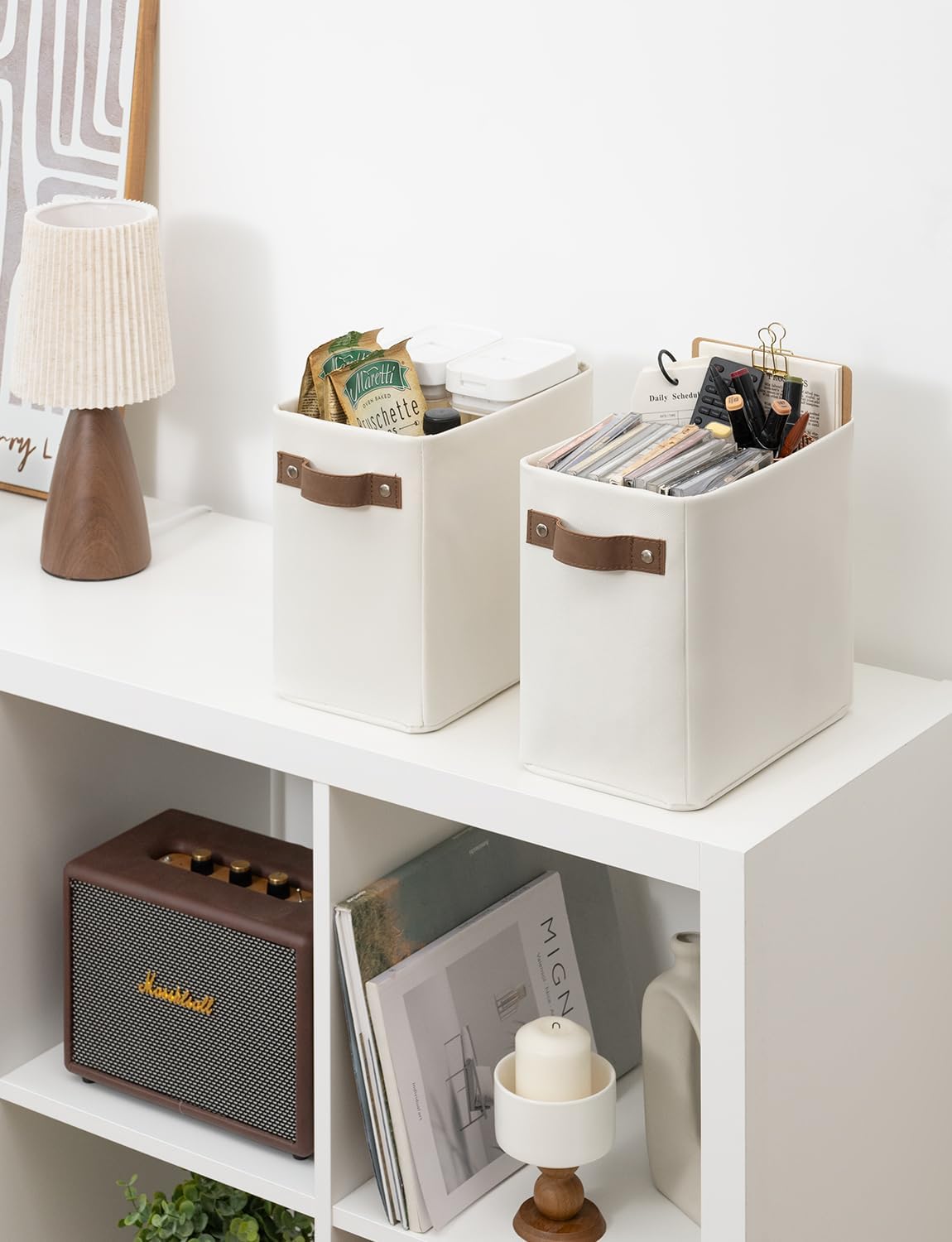 StorageWorks Narrow Storage Bins, Small Basket for Closet and Shelves, Rectangular Fabric Organizer with Handles, Toilet Paper Storage, Beige, 2-Pack