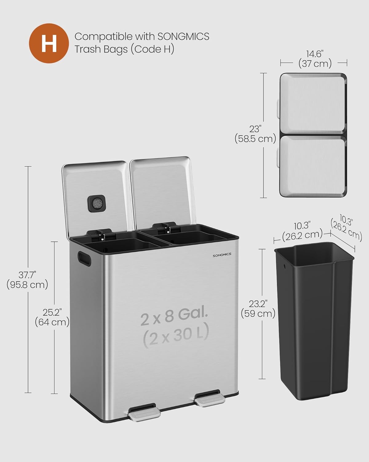 SONGMICS Trash Can, 2 x 8 Gallon (2 x 30 L) Double Garbage Can with Soft-Close Lids, Removable Inner Buckets, Pedals, Stainless Steel, for Waste and Recycling, Metallic Silver ULTB743E01