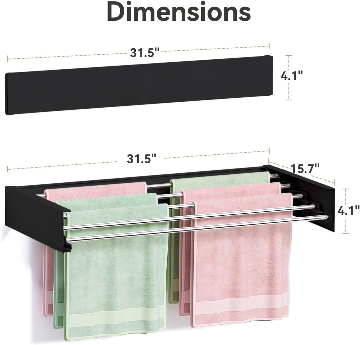 Wall Mounted Clothes Drying Rack, 5 Aluminum Rods, Collapsible, White, 32 inches (Black, 32'')