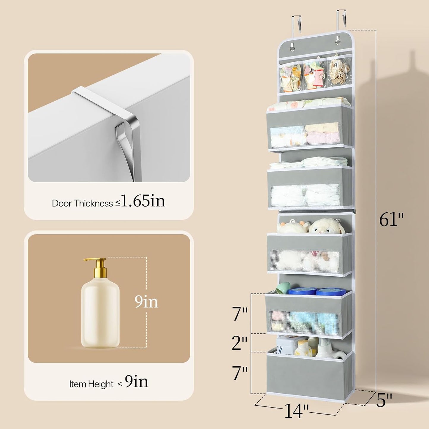 LAMU 6-Tier Over The Door Organizer, Swing - Proof Closet Door Organizer, Flexible 1 Split into 2 Over The Door Storage Organizer for Nursery, Bathroom, Bedroom, Grey, 5 x 14 x 61in