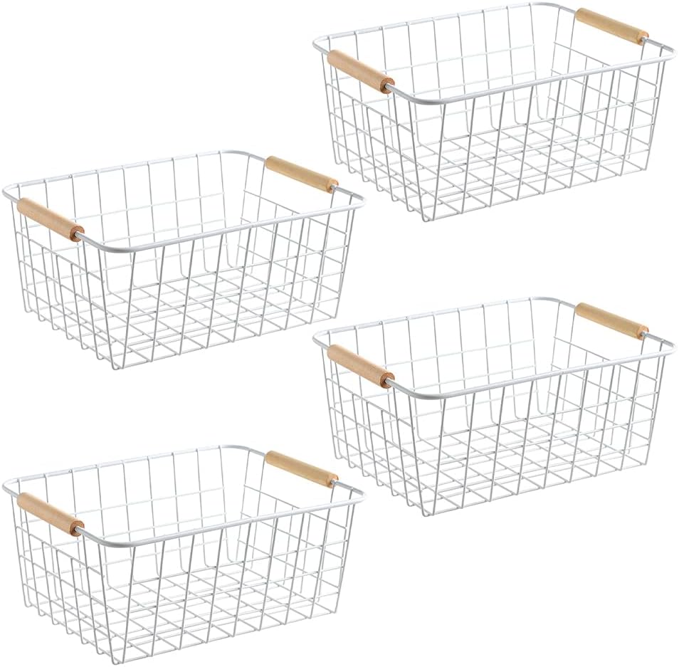 Kitchen Wire Baskets Farmhouse Decor Metal Food Storage Organizer,Household Refrigerator Bin with Built-in Handles for Cabinets, Pantry,Bathroom 4 Packs (white)