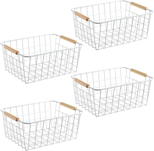 Kitchen Wire Baskets Farmhouse Decor Metal Food Storage Organizer,Household Refrigerator Bin with Built-in Handles for Cabinets, Pantry,Bathroom 4 Packs (white)