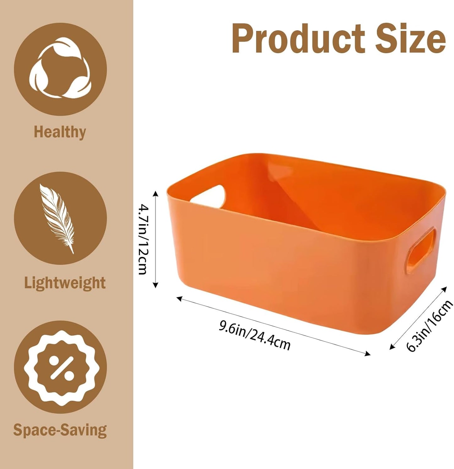 COVRA 2-Pack Plastic Storage Bins, Small Storage Baskets, Organizers for Home & Office, 9.6 x 6.3 x 4.7 Inches (Orange)