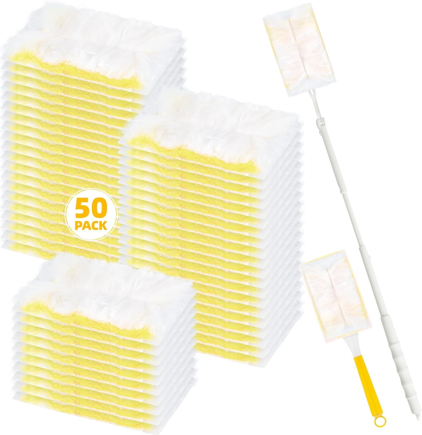 52 Count Disposable Duster Refills for Cleaning, 180° Dusters Refills Compatible with Swiffer Handles (Yellow, 50 Count Dust Removal Brushes + 1 Standard Handle + 1 Extended Handle)