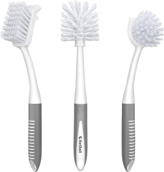 SetSail Dish Brush Set of 3 Piece, Dish Scrub Brush with Long Handle Deep Cleaning Brush with Scraper Tip for Kitchen Dishes Bottle Cup Pot Pan, Grey