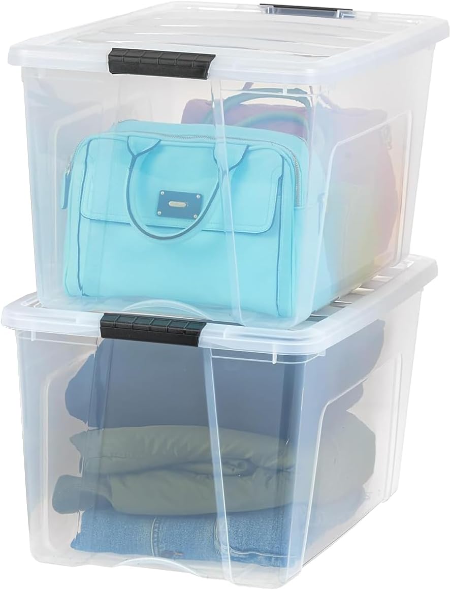 IRIS USA 2-Pack Storage Bins with Lids, 72 Quart, Made in USA Stackable See-Through Organizing Solution Latches Durable Nestable Containers Secure Pull Handle, BPA-Free Plastic