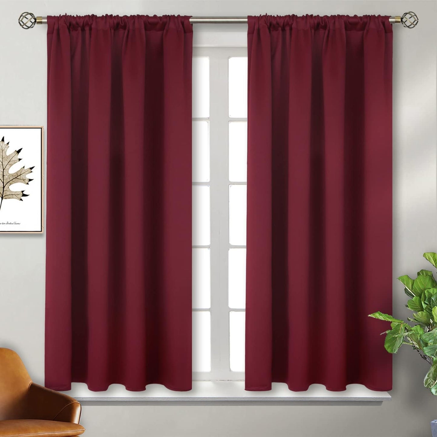 BGment Short Burgundy Blackout Curtains 45 Inches Length - Rod Pocket Thermal Insulated Room Darkening Window Drapes for Bedroom Kitchen Christmas Decorative, 42 x 45 Inch, 2 Panels