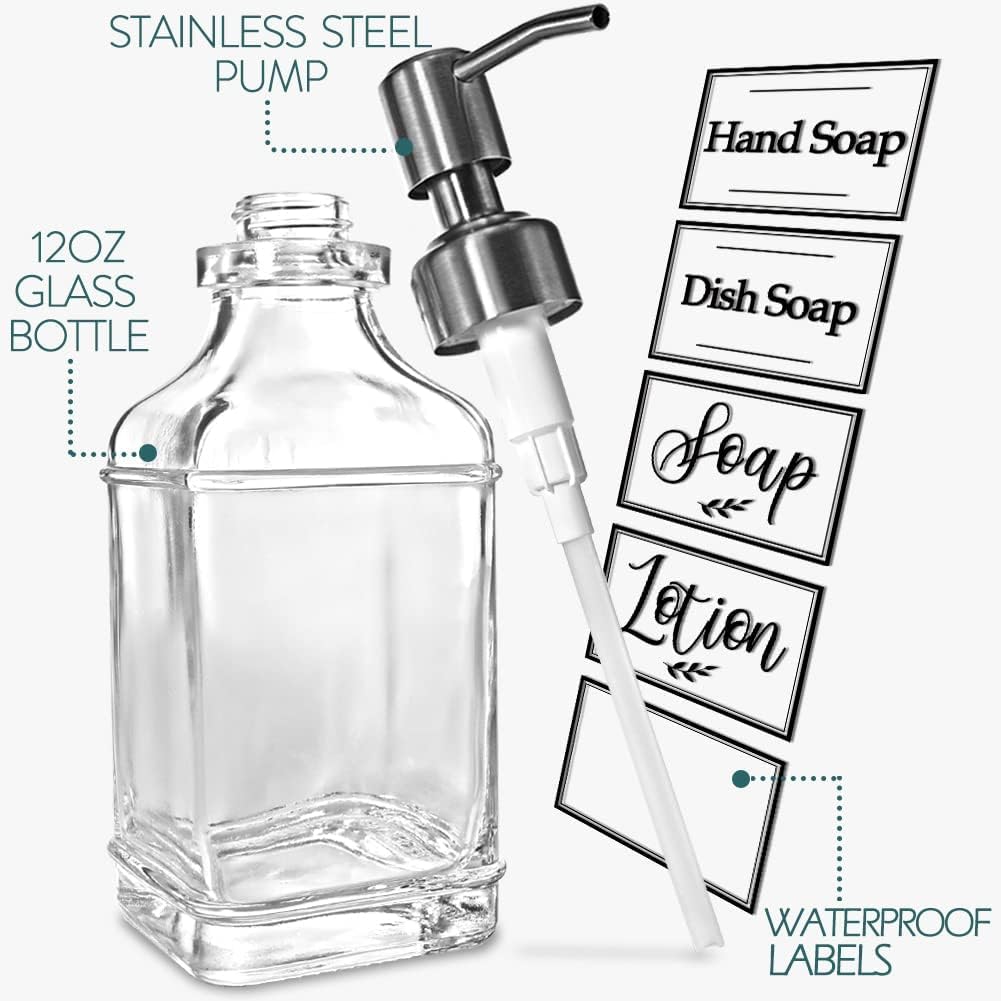 JASAI Antique Design Soap Dispenser with Rust Proof 304 Stainless Steel Pump, Refillable Clear Glass soap Dispenser with 10Pcs Clear Stickers, Premium Kitchen & Bathroom Soap Dispenser