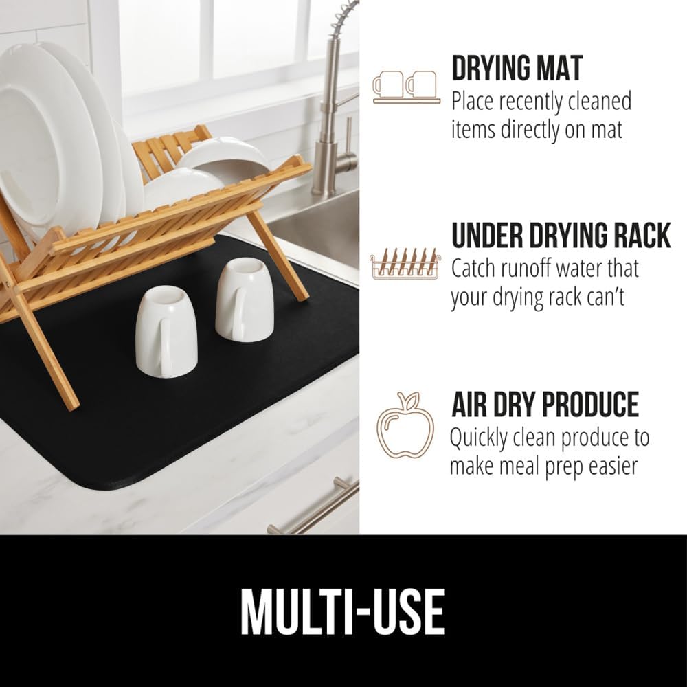 GORILLA GRIP Ultra Water Absorbent Microfiber Dish Drying Mat, 18x24, Quick Dry Thick Mesh, Slip Resistant Pad for Sink Dishes or Under Rack, Kitchen Counter Accessories, Machine Wash, 2 Pack Black