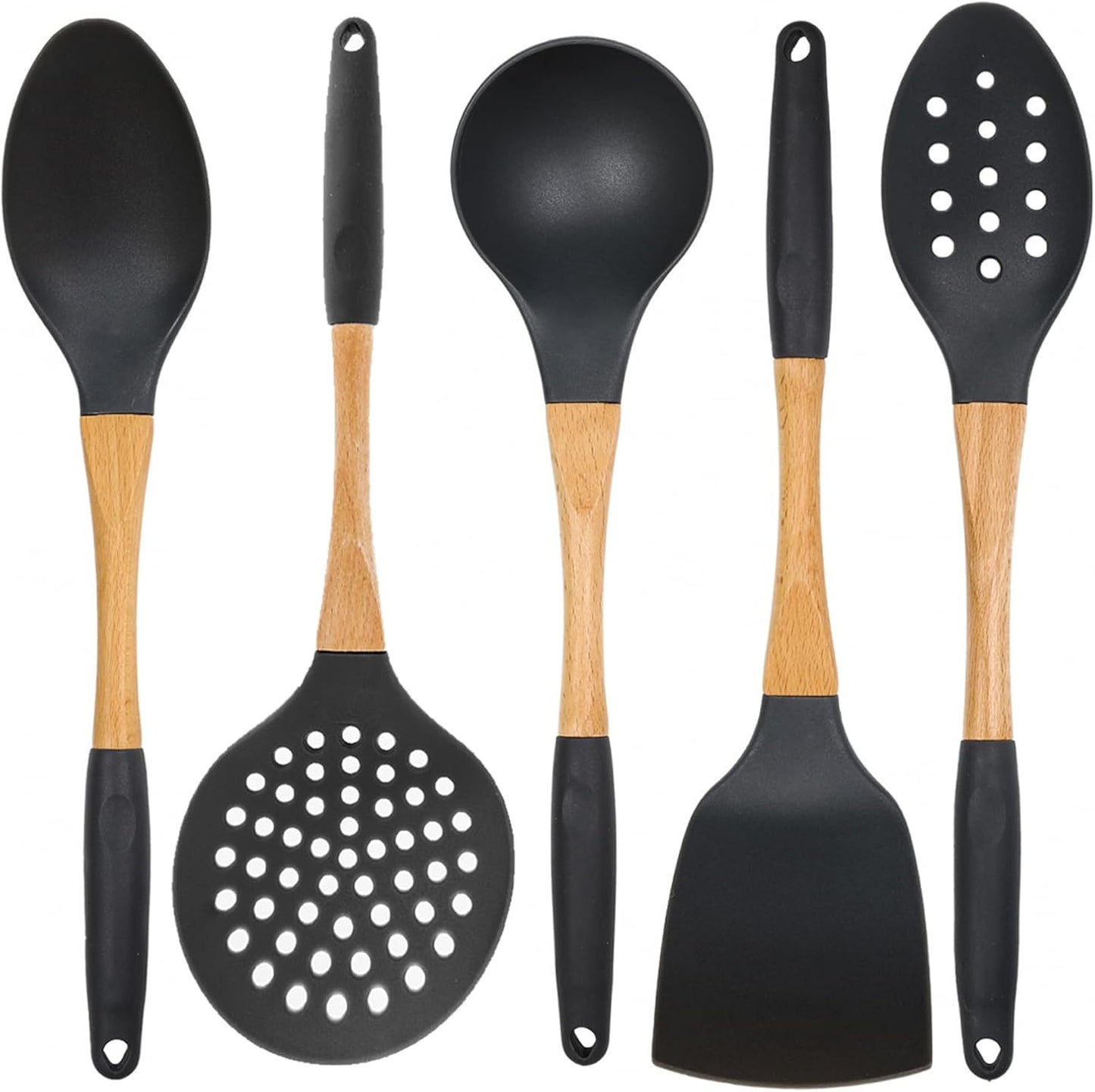 Beille 5pc Dark Grey Nylon Wooden Kitchen Utensils with Cooking Spoons, Soup Ladle, Skimmer Spoon and Spatula, 13 Inch