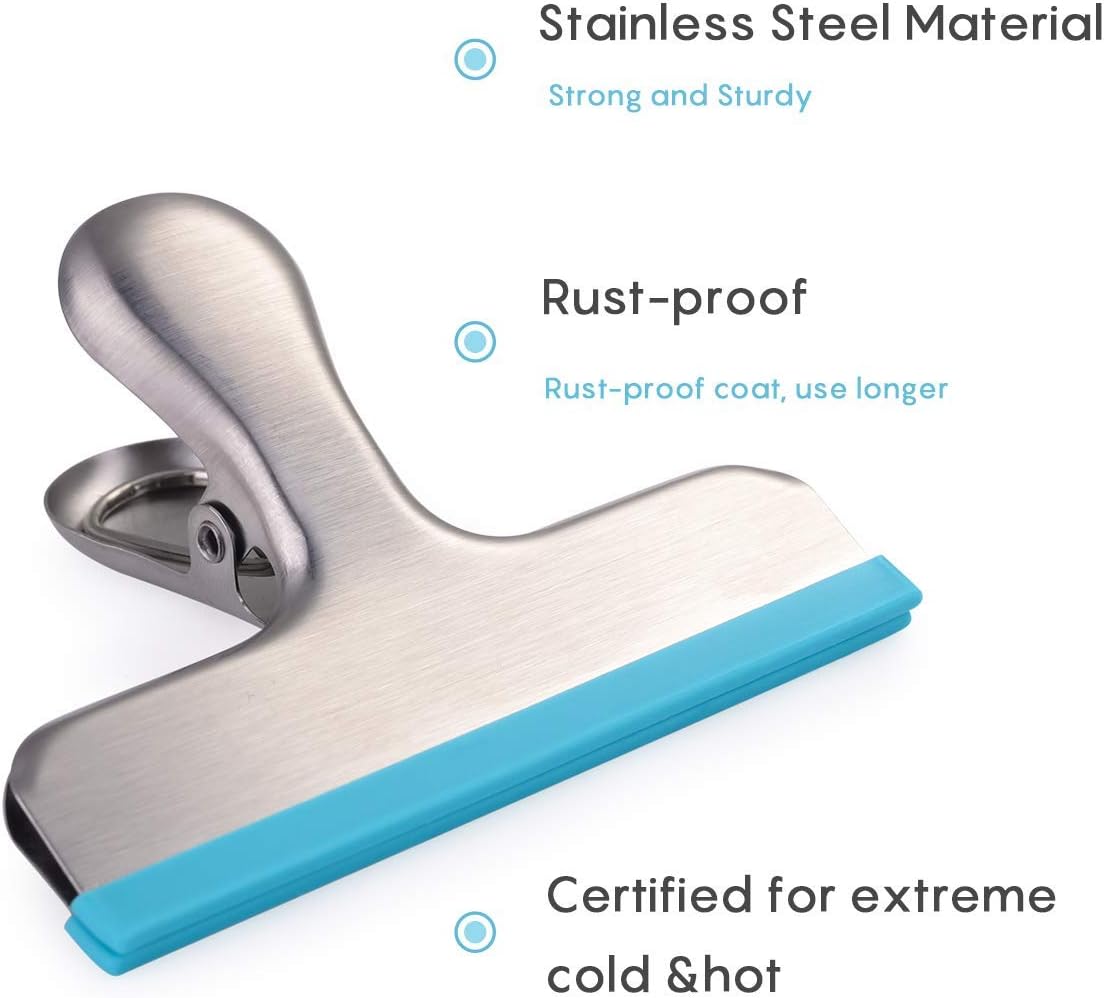 HOUSE AGAIN 8 Pack Stainless Steel Chip Bag Clips Covered with Silicone - NO More Sharp Edges - Color Coded for Food Bags - Air Tight Seal, Heavy Duty for Kitchen and Office, 3 Inches