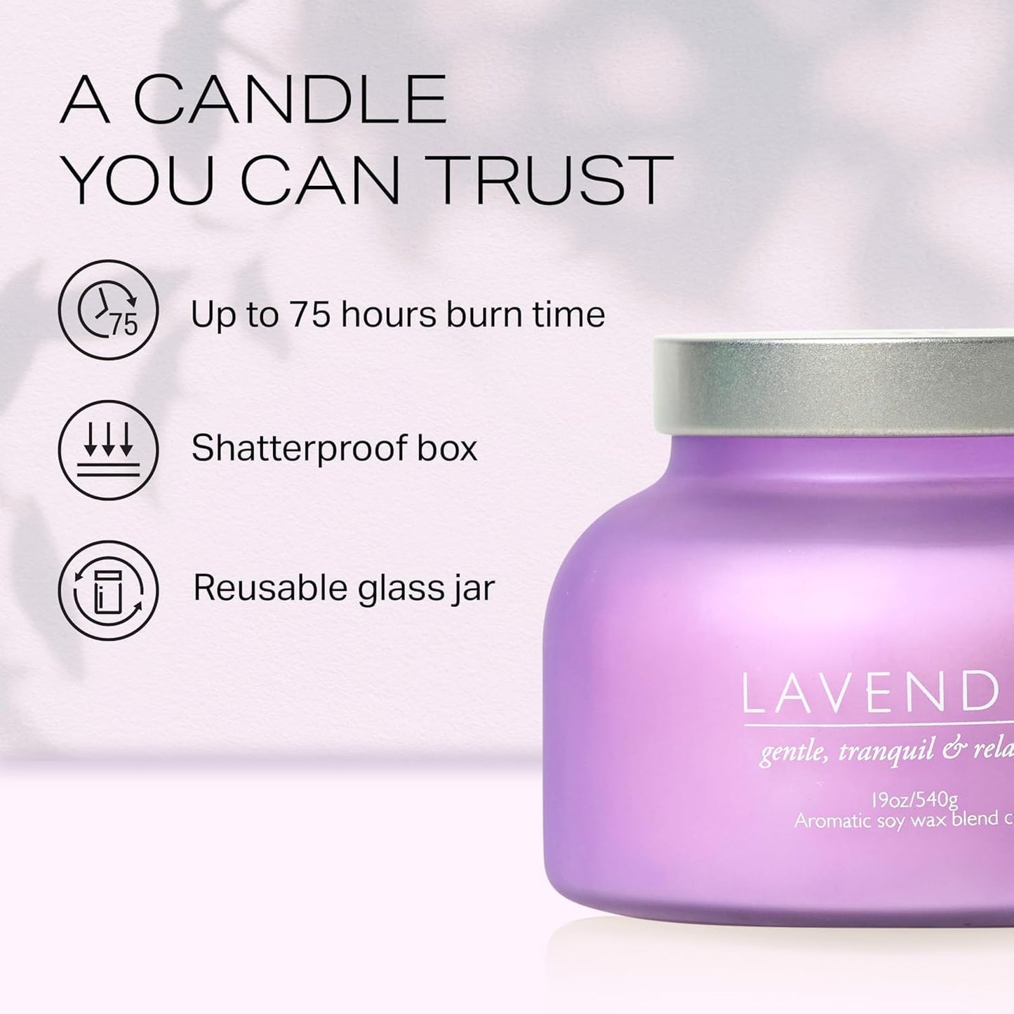 Lavender Candle 19oz Volcano Jar with Wooden Wick Upto 75 Hours Burn Time in a Large 4" x 5" Solid Purple Glass Jar in a Luxury Gold Foil Gift Box