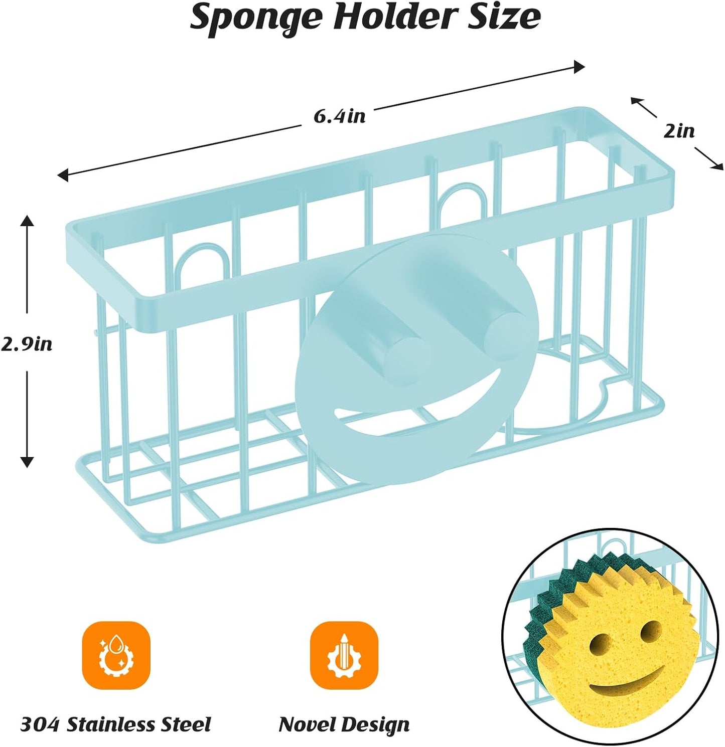 Sponge Holder Smiley Face,Sink Caddy for Kitchen Sink,Sponge Holder with 2 PCS Suction Cups/1 PCS Adhesive Strips,Designed for Sponge,Soap,Dish Brush,Scrubber-Blue