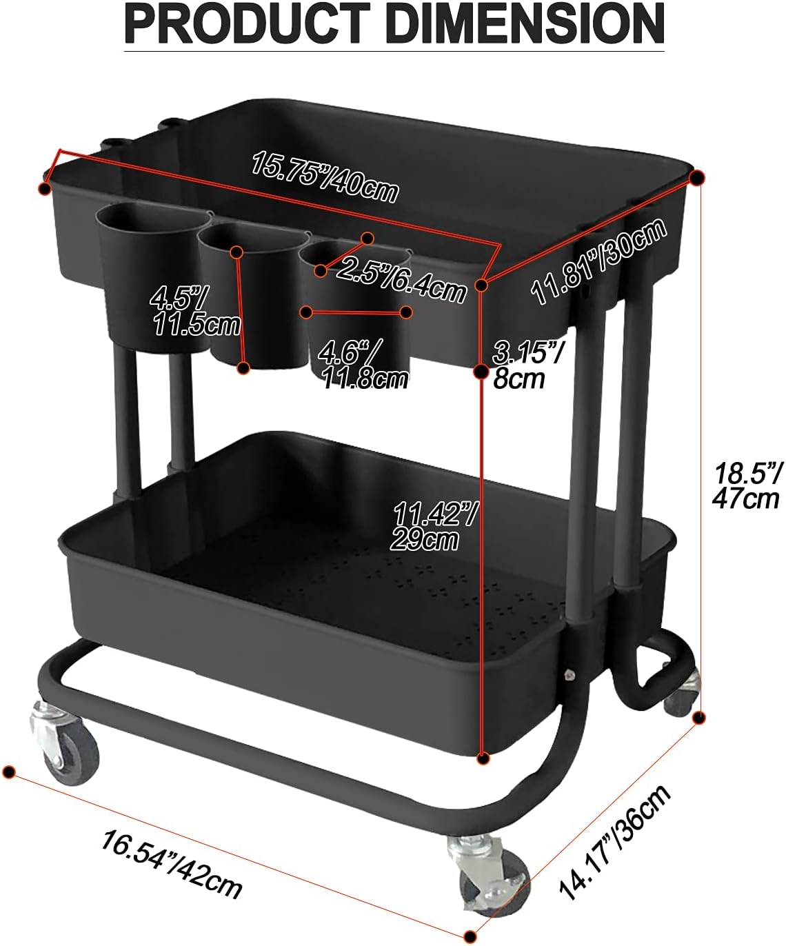Melody House 2-Tier Utility Rolling Cart Storage Sofa Side Table with Wheels, Mobile Trolley Organizer with for Office Home Kitchen Organization, Black