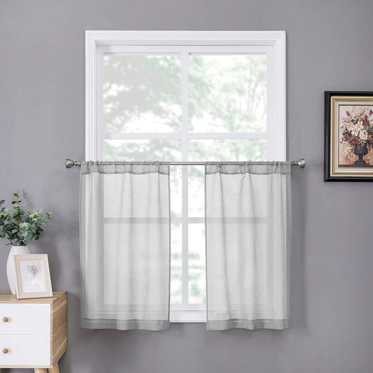 Tollpiz Sheer Tier Curtain Linen Textured Half Kitchen Curtains Sheer Light Filtering Rod Pocket Voile Small Curtains for Bathroom, 25 x 36 inches Long, Silver Grey, Set of 2 Panels