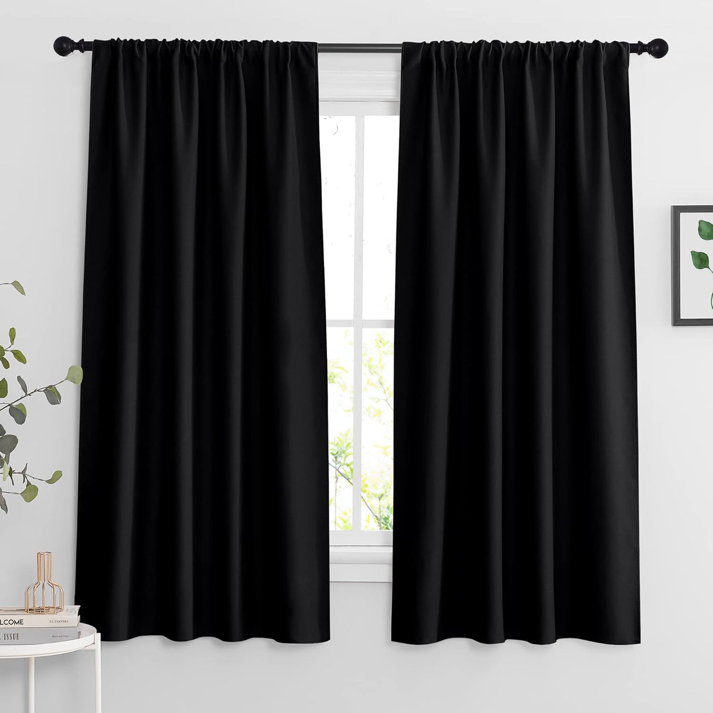 RYB HOME Blackout Curtains 63 inches Long - Energy Saving Insulation Large Window Curtain Blinds for Bedroom Living Room Dining Basement Home Office, W 70 x L 63 per Panel, Black, 2 Pcs