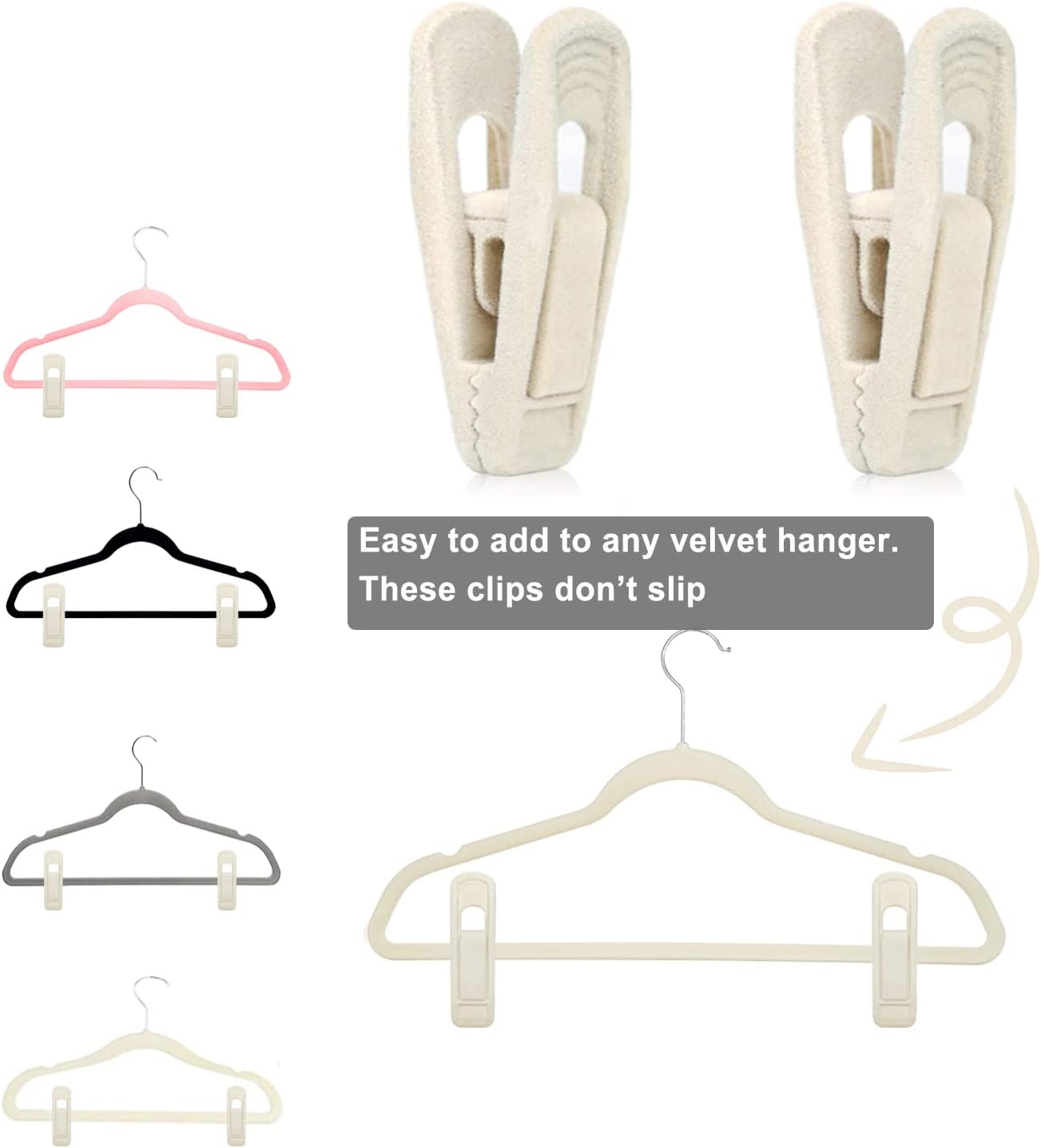 Beige Velvet Hangers (50-Pack), Non-Slip Velvet Clips for Skirts, Suits