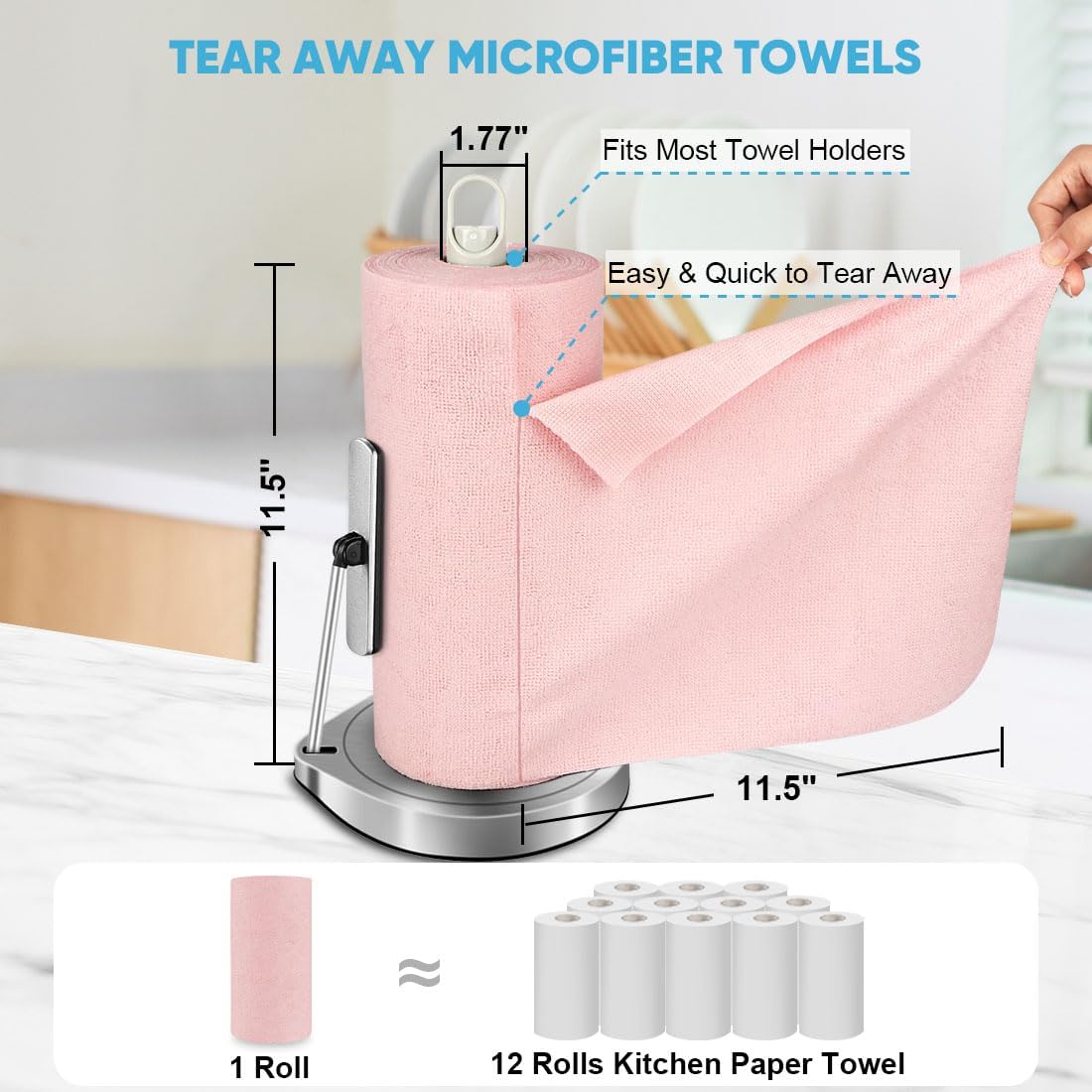 AIDEA Microfiber Cleaning Cloth Roll, 75PK, Tear Away Reusable Paper Towels, Pink Towels Lint Free Rags for House, Kitchen, Car Cleaning Supplies, 11.5"×11.5"