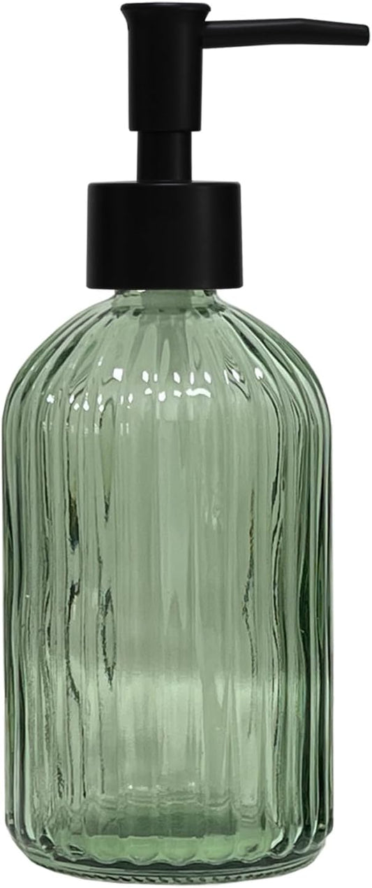 Green Glass Soap Dispenser with Black Plastic Pump, 13.5oz Refillable Liquid Hand Soap Dispenser, Lotion Dish Soap Dispenser for Modern Home Decor, Bathroom, Kitchen Countertop, Hotel