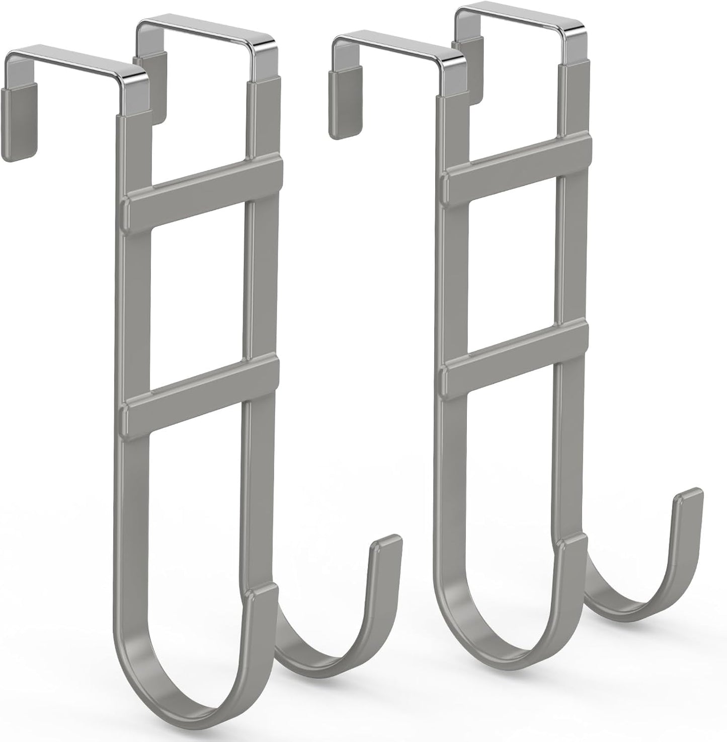 FYY Over The Door Hooks - 2 Pack Heavy Duty Dual-Hook Organizer Hanger with Non-Slip Rubber for Towels, Clothes, Hats & Bags Use in Bathroom, Bedroom, Kitchen - Fits Interior Doors Up to 1.6" Grey