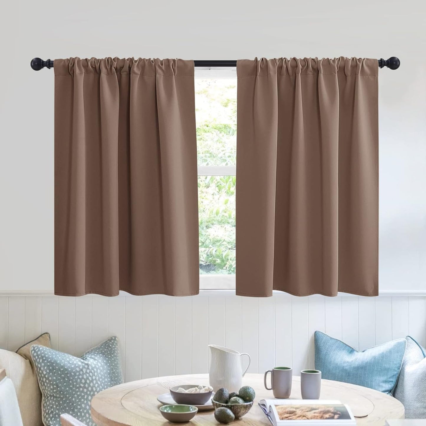 RYB HOME Short Curtains for Small Window, Energy Efficient Window Curtain Panels Room Darkening Shade Tiers Pair for Kitchen Nursery Kids Bedroom, 42 inch Width x 30 inch Length, Mocha, 2 Pcs