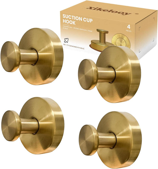 4 Pcs Suction Cup Hooks for Shower，Removable Hooks，Towel Hook，Suction Hook for Bathroom, Bedroom, Glass Window (Gold)