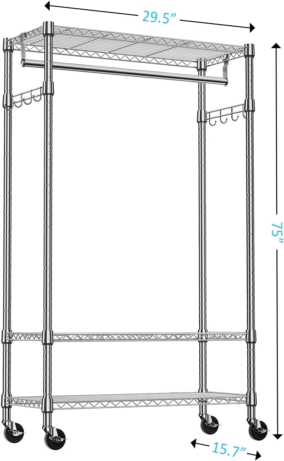 IZEUK Heavy Duty Rolling Garment Rack with 3 Adjustable Wire Shelves, Hanging Rod & Side Hooks - Mobile Clothes Rack with Wheels, 29.5" W x 15.7" D x 75" H,Chrome