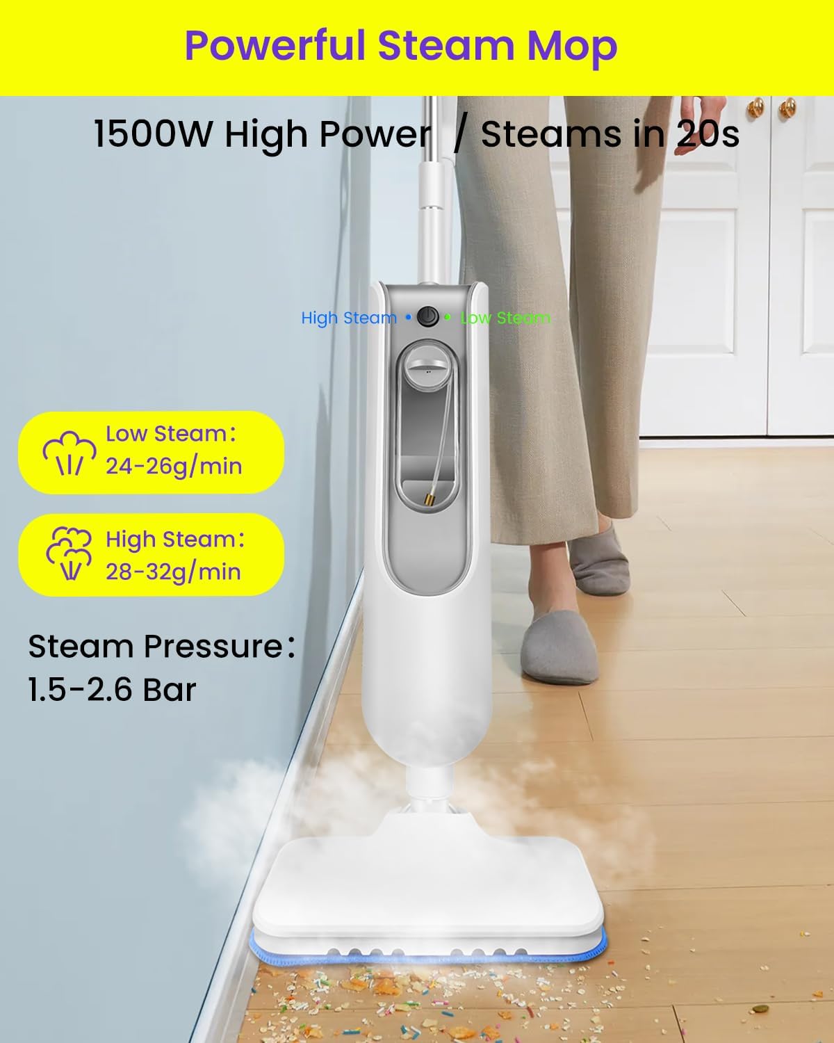 Steam Mop for Floor Cleaning, Effortless Ergonomic Design Floor Steamer for Hardwood and Tile, Adjustable Steam Modes, 1500W High Power, 16.4ft Cord, 400Ml XL Tank, 2 Washable Pad