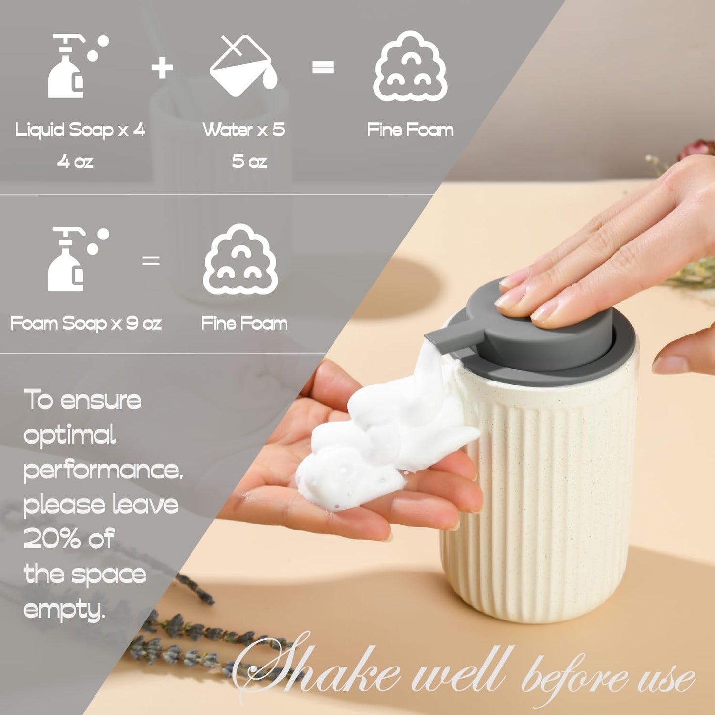 Beige Ceramic Foaming Soap Dispenser, Speckled Rippled 12 oz Bottle with Gray Silicone Pump, Foam Dispenser for Kitchen or Bathroom, Speckled Beige