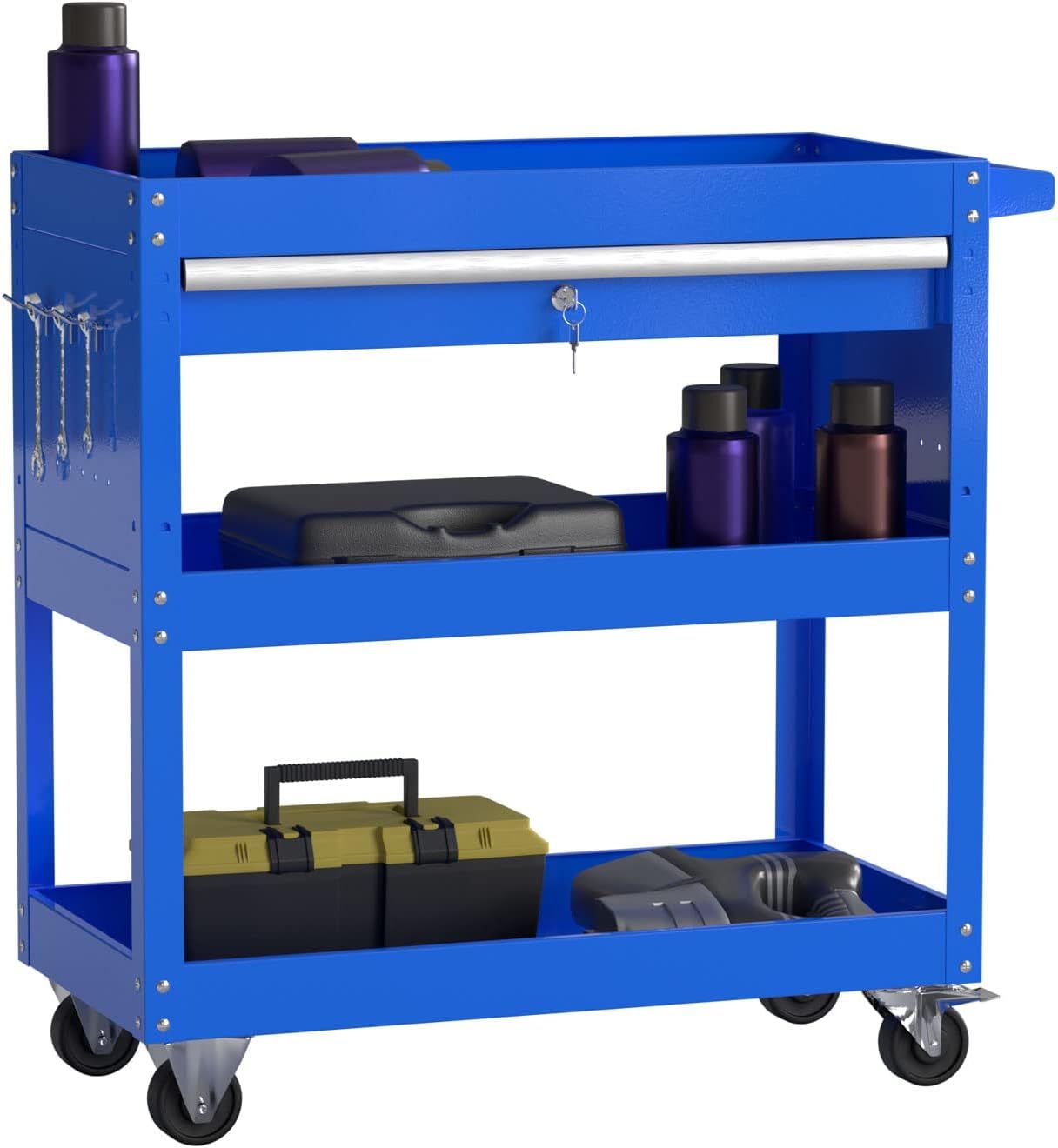 3 Tier Rolling Tool Cart Utility Cart on Wheels, Heavy Duty Tool Chest Storage Tool Box Cart, Industrial Mechanic Service Cart with Locked Drawers for Garage, Warehouse, Repair Shop, Workshop Blue