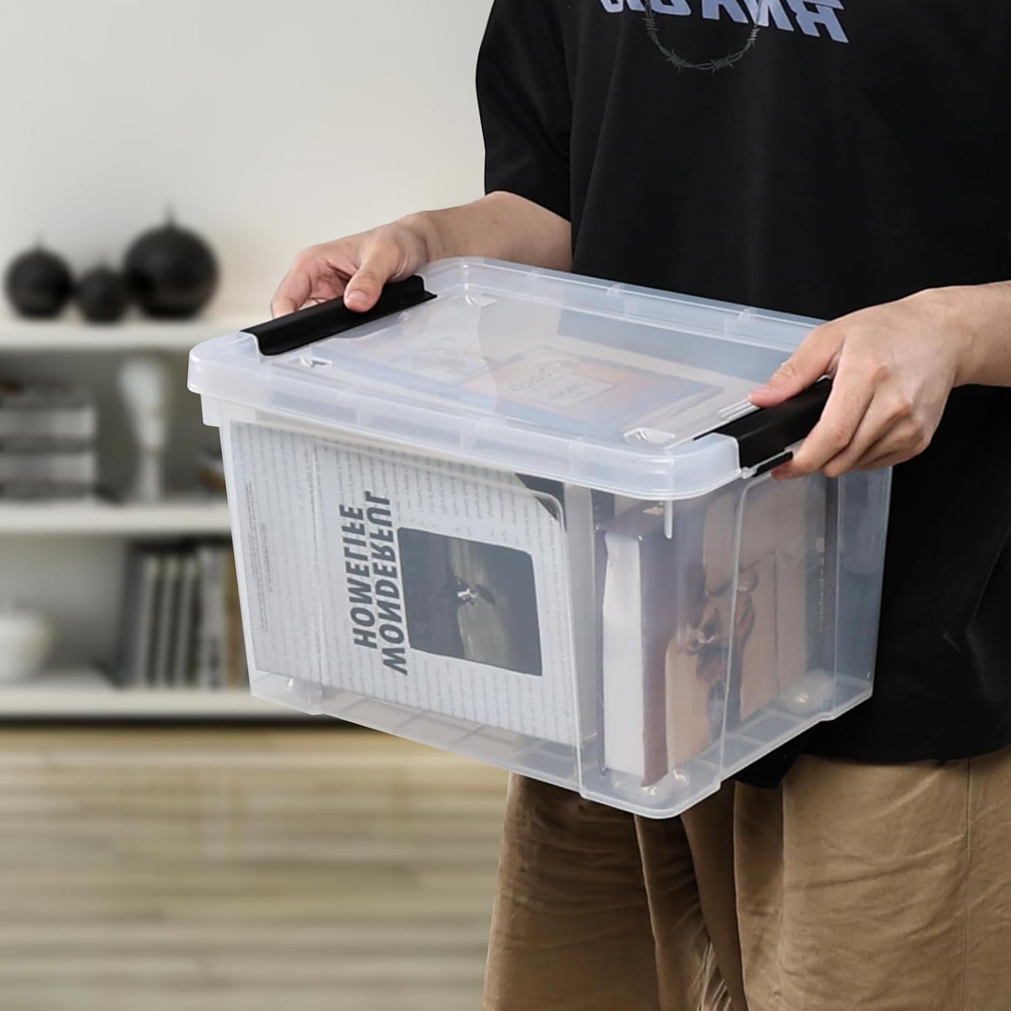 23 L Clear Plastic Storage Box with Lid, Stackable Lidded Storage Bin Container with Wheels and Secure Latching Buckles, 4 Packs