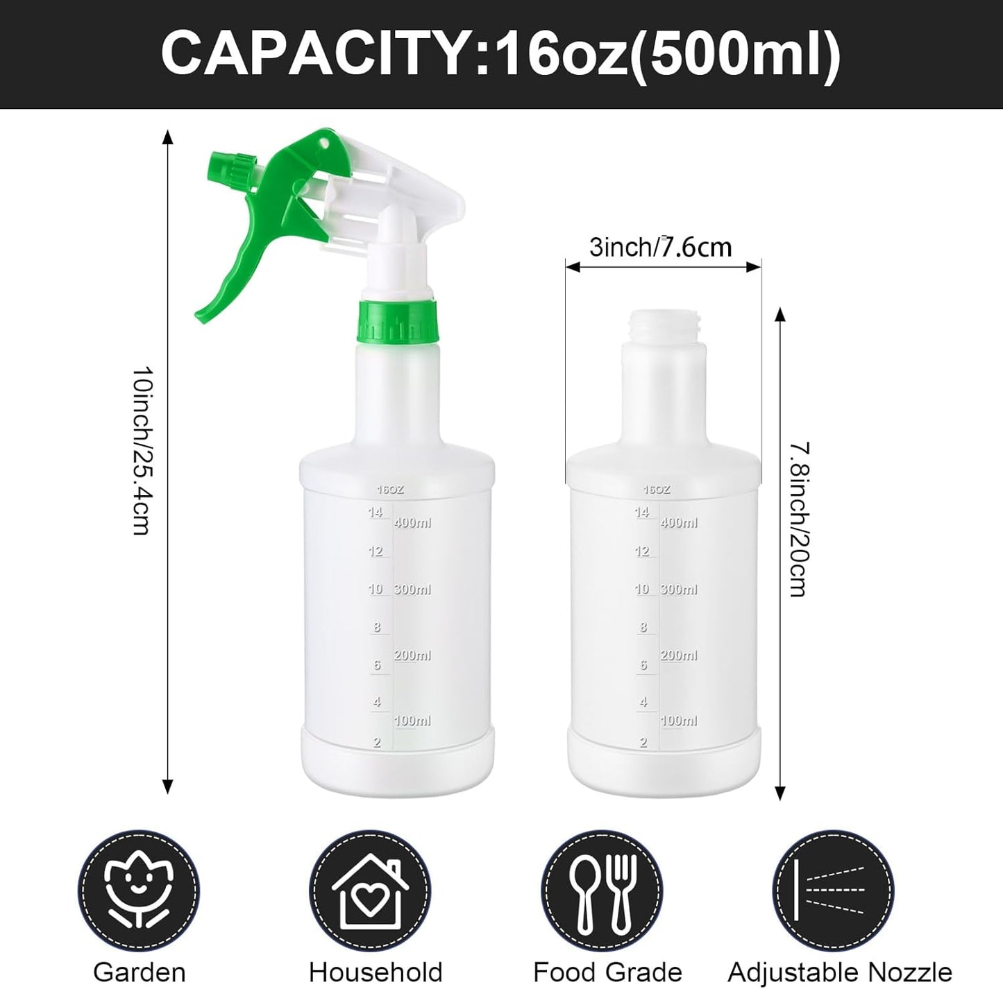 Eccliy 12 Pcs 16 Oz Plastic Spray Bottle, Adjustable Empty Reusable Sprayer for Cleaning, Planting, Water, Bathroom and Kitchen, BBQ, Commercial and Residential (Green,Measurement)