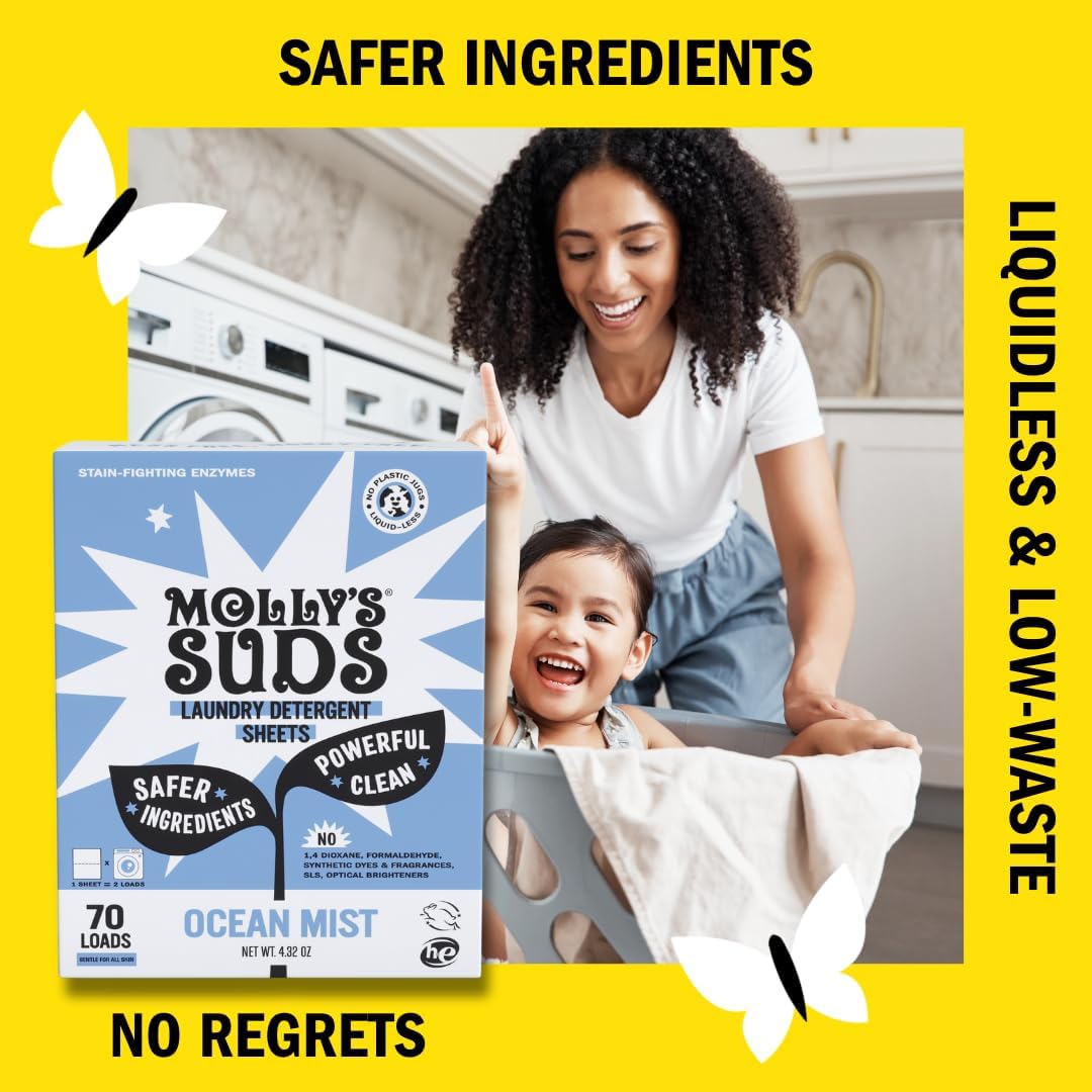 Molly’s Suds Laundry Detergent Sheets | Gentle on Sensitive Skin, Powerful Bio-Based Enzymes, Stain-Fighting | Liquidless & Plastic-Free Packaging | 120 Loads (Ocean Mist)