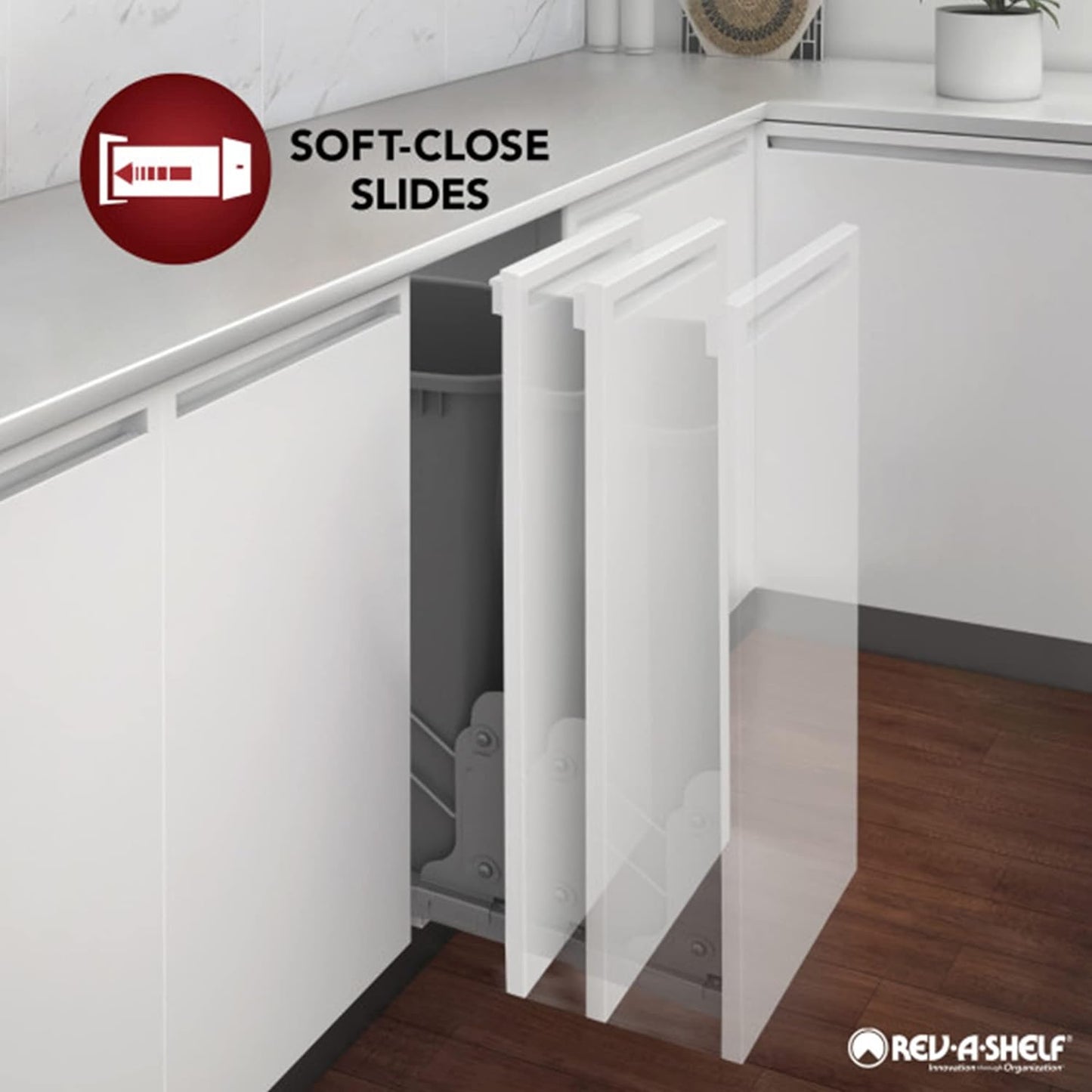Rev-A-Shelf Double Trash Can Under Kitchen Cabinets Pullout, 35 Quart 8.75 Gallon with Soft-Close Slides, White, 53WC-1835SCDM-211