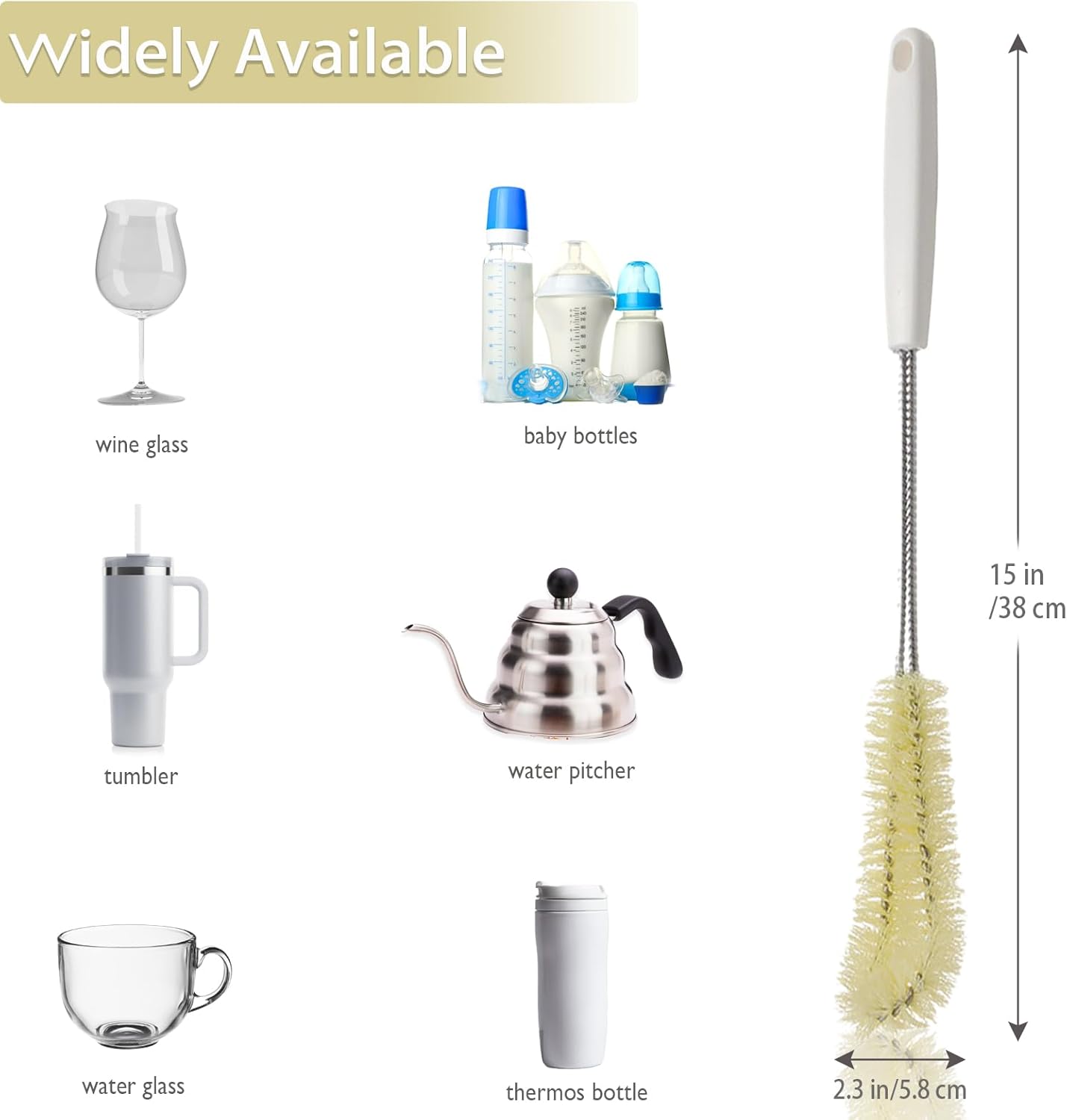 2-Pack 16 inches Long Handle Bottle Cleaning Brushes - Ideal for Coffee Glasses, Pots, Milk Cups, Mugs, Wine Bottles, and Baby Bottles (Beige)