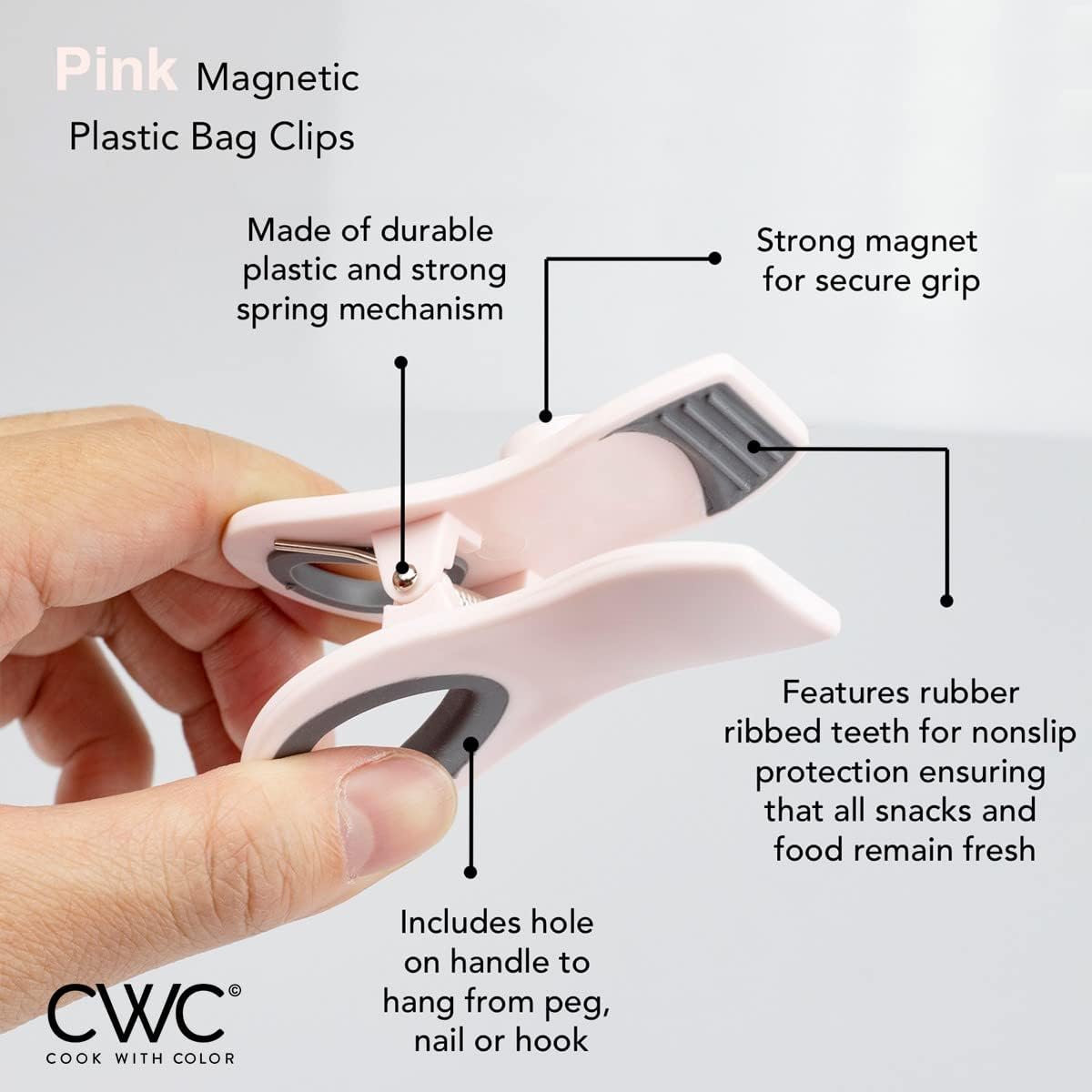 COOK WITH COLOR Bag Clips - Heavy Duty Chip Clip and Refrigerator Magnet Clips for Food Storage with Air Tight Seal Grip, Pink, Pack of 8