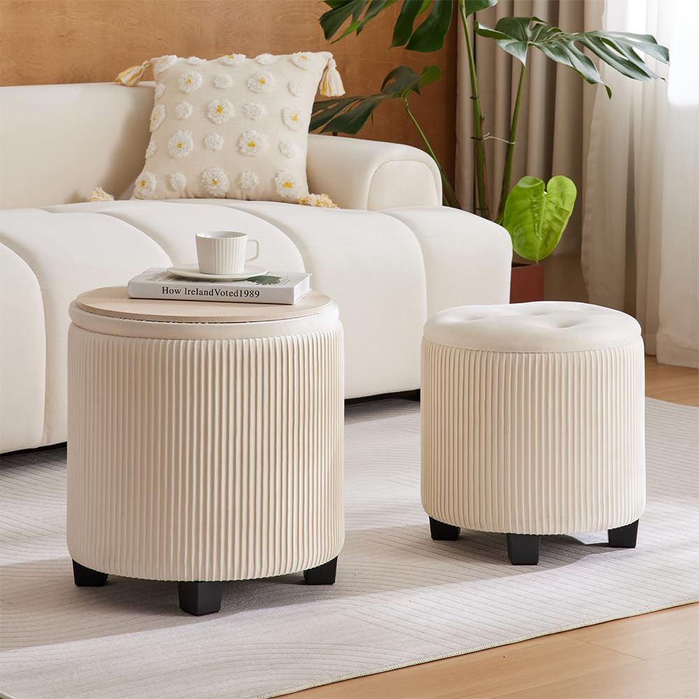 Big Round Ottoman with Storage Set of 2,Upholstered Velvet Vanity Stool for Makeup Multifunctional Foot Rest Coffee Table Padded Seat Tufted Ottomans for Living Room&Bedroom（White）