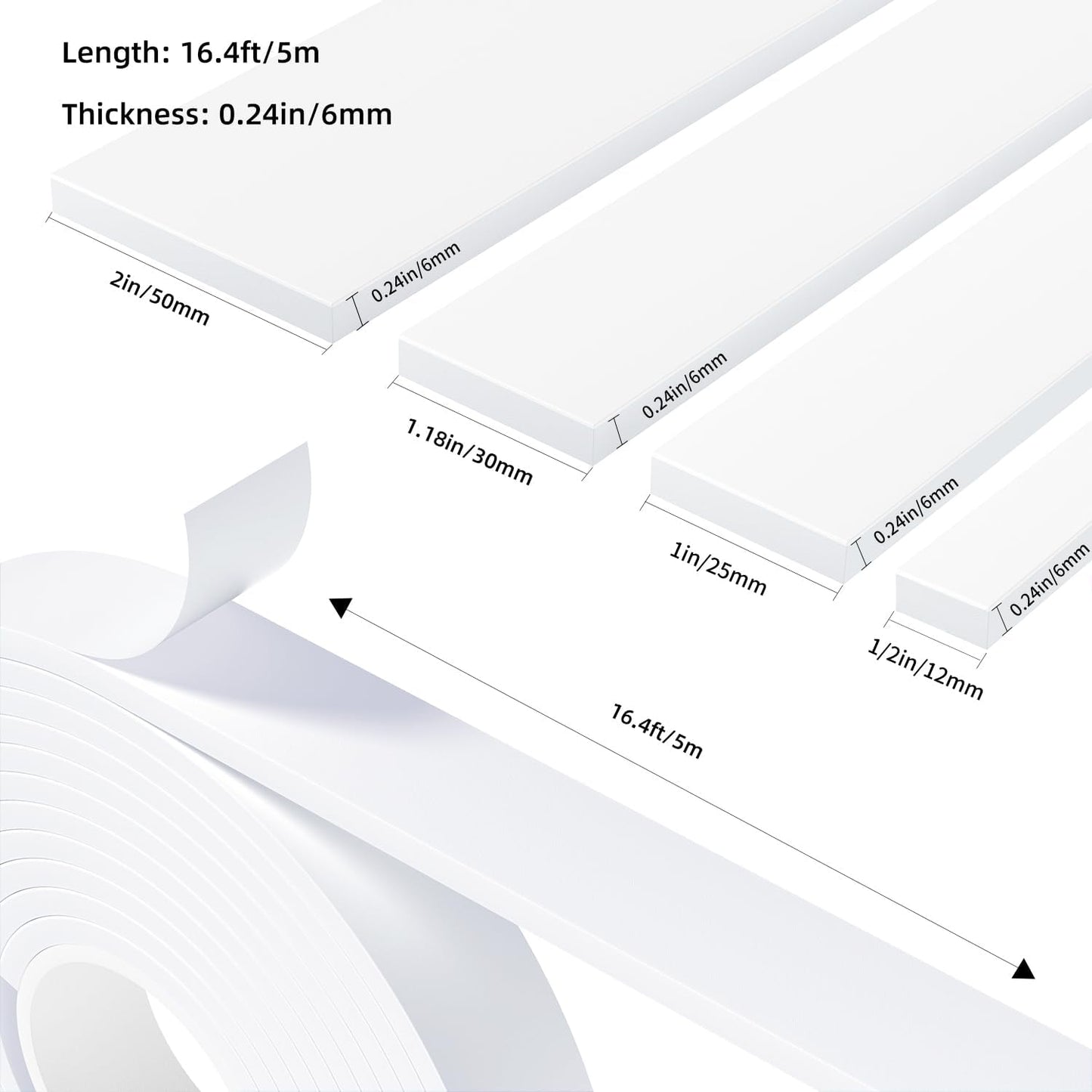 Weather Stripping Door Seal White,1Inch Wide X 1/4 Inch Thick,Air Conditioner Window Seal,Self Adhesive Foam Tape High Density Foam Sealing Strip,Door Soundproof Foam Tape Roll,2 Rolls Total 32.8Ft