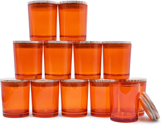 SHOWIN Thick Candle Jars for Making Candles 12 Pcs, 7 OZ Empty Jars with Wood Lids for Candle Making, Sample Container, Clear Orange