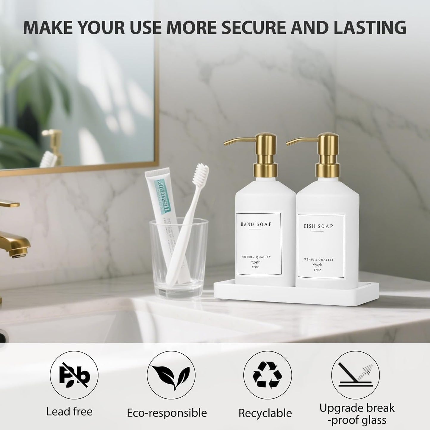 Gold Soap Dispenser Set, Glass Hand and Dish Soap Dispenser Set with Tray,Stainless Pump,14 Stickers for Kitchen Sink,Bathroom Soap and Lotion Dispenser,Modern Counter Decor (White Bottle/Gold Pump)