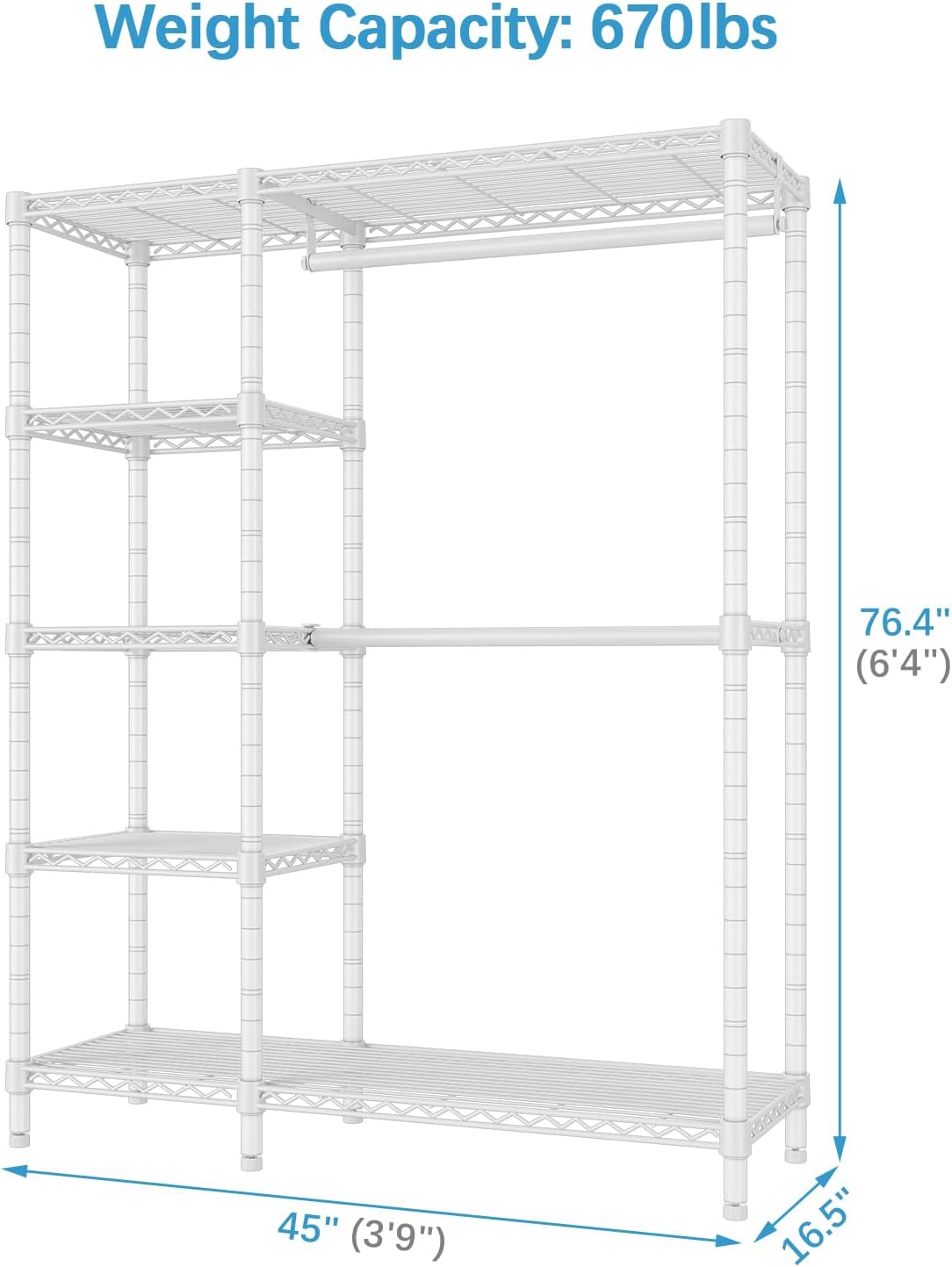 VIPEK V7 Garment Racks for Hanging Clothes Heavy Duty Clothes Rack with Shelves, Portable Closet Rack Metal Clothing Racks 5 Tiers Freestanding Closet Wardrobe System, Max Load 670lbs, White