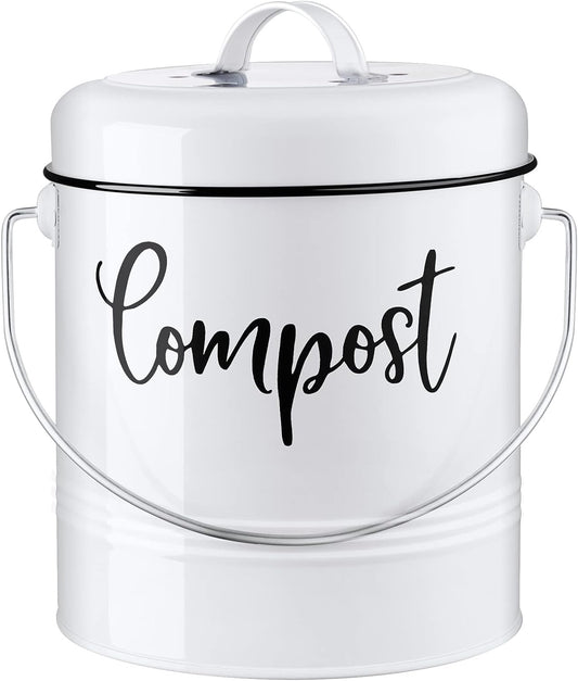 Compost Bin Kitchen, 1.3 Gallon Farmhouse Kitchen Compost Bin Countertop, Indoor Countertop Compost Bucket with Lid and Charcoal Filters, White
