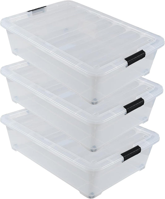 50 Quart Clear Plastic Under Bed Storage Bin with Lid, Underbed Storage Container with Wheels, 3-Pack