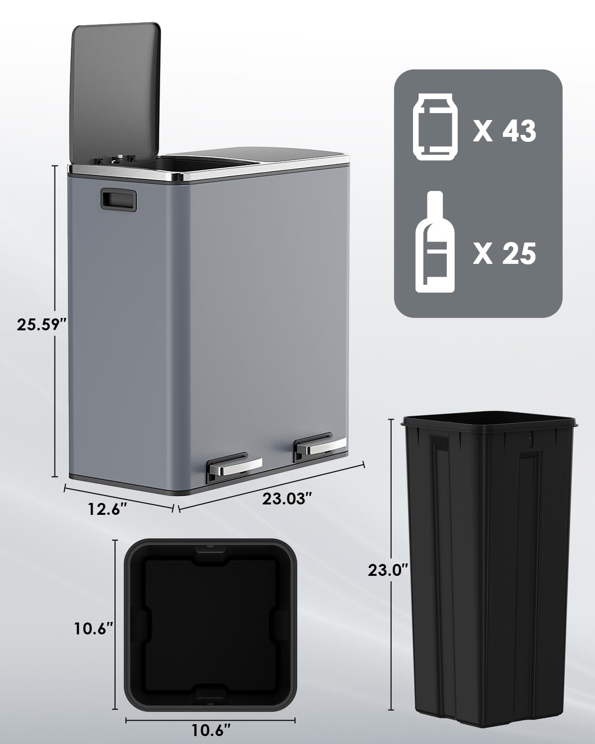 AthLike 60L(16 Gal ) Dual Trash Can, Stainless Steel Kitchen Garbage Can, Double Compartment Classified Rubbish Bin, Recycle Dustbin w/Plastic Inner Buckets, Handle, Soft-Close Lid, Airtight, Grey