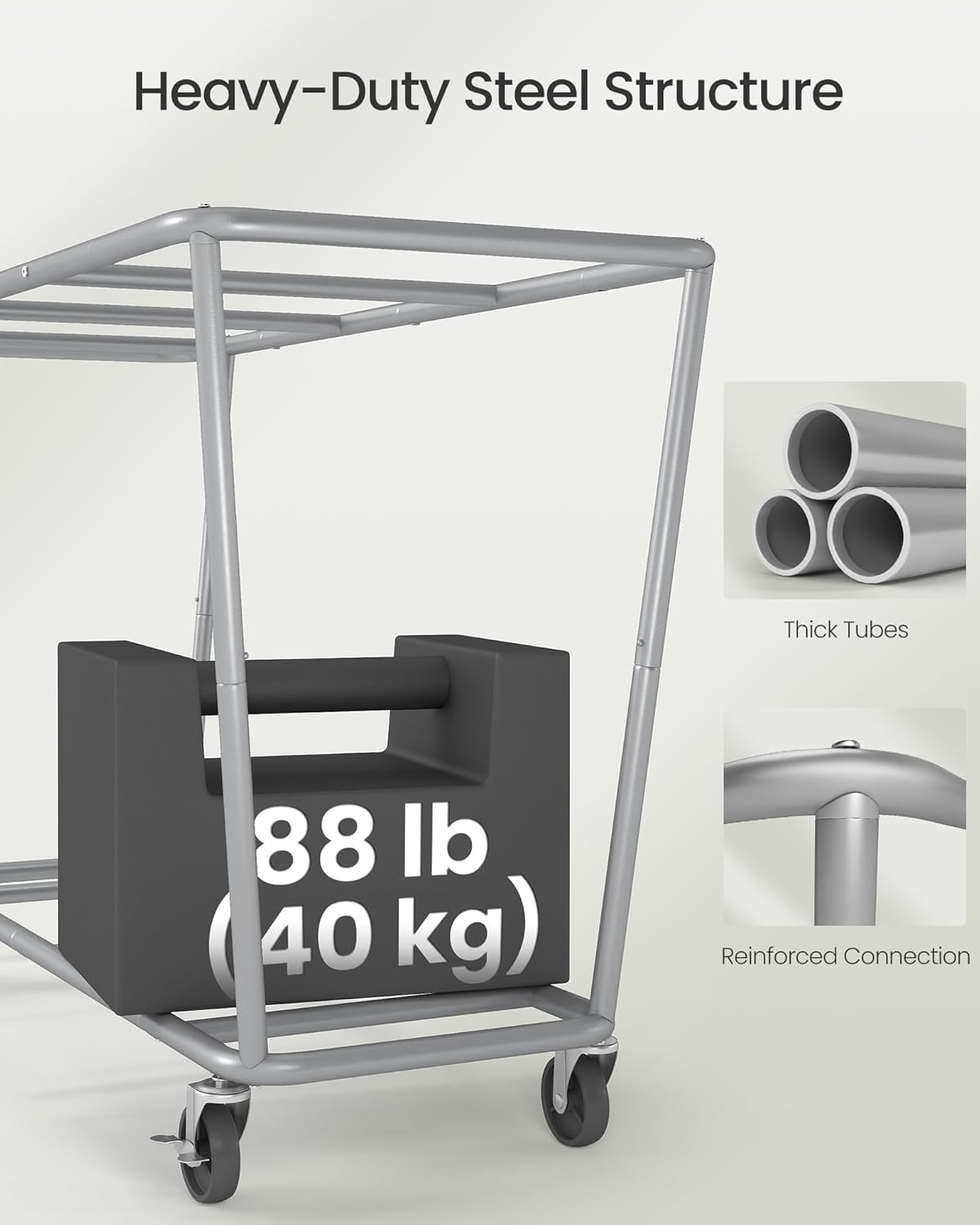 SONGMICS Laundry Basket with Wheels, 76.6 Gallons (290 L), 3-Section Rolling Laundry Hamper with Removable Bags, Heavy-Duty Steel Frame with Handle, Cream White, Dark Gray and Ink Black URLS010X01