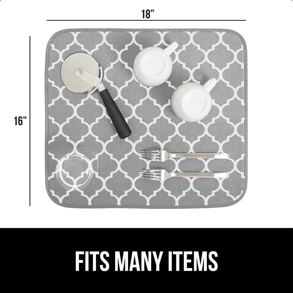 GORILLA GRIP Ultra Water Absorbent Microfiber Dish Drying Mat, Quick Dry Mesh, Slip Resistant Pad for Sink Dishes or Under Rack, Kitchen Counter Accessories, 16x18, Machine Wash, 2 Pack Quatrefoil